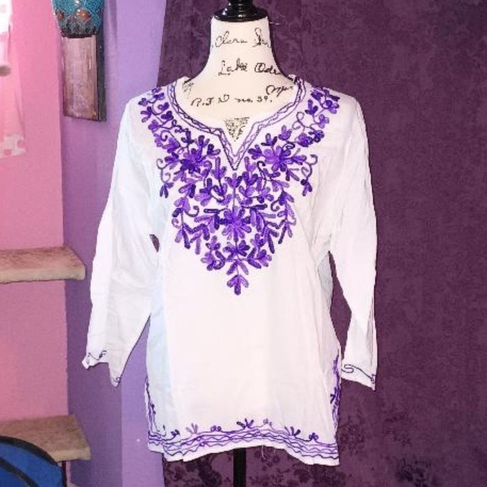 Embroidered Purple Peasant Top Blouse Kurti Kurta OS M L XL India Cotton